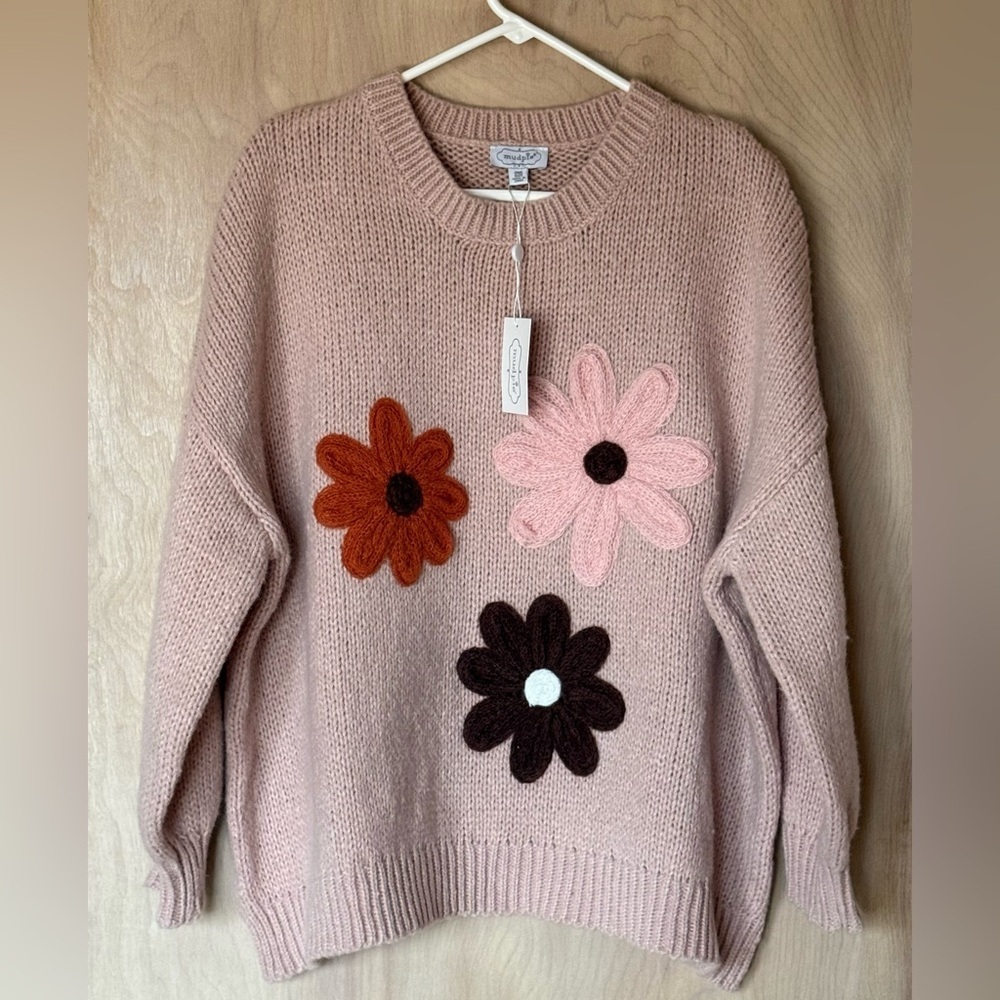 Mud Pie Farley Chunky Knit Sweater Crochet Appliqué Pink Peach Women’s NWT